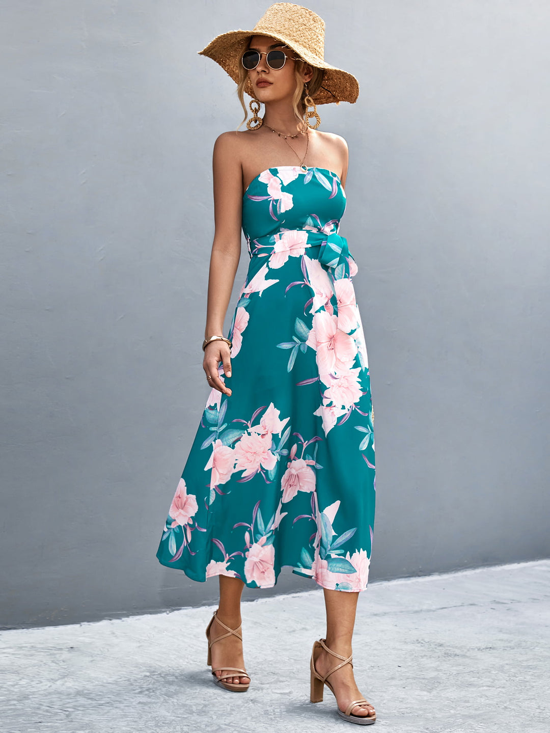 Floral Print Tie Waist Straight Neck Midi Dress - Runway Frenzy