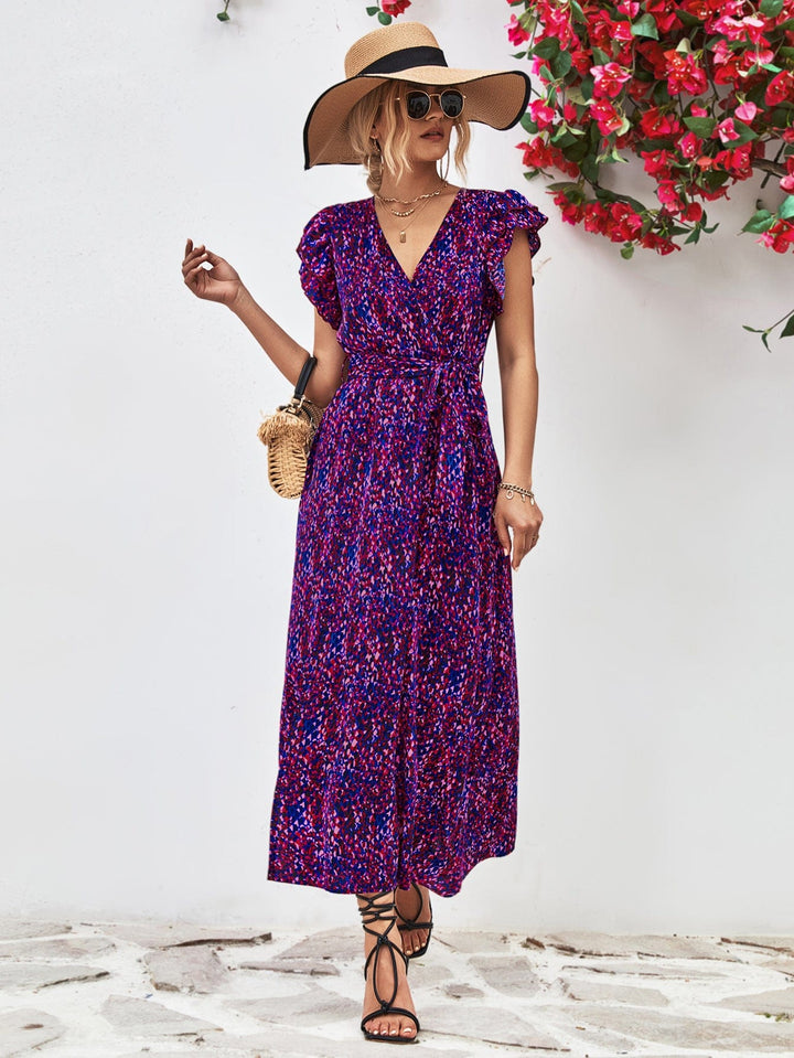 Printed Surplice Neck Flutter Sleeve Slit Dress - Runway Frenzy