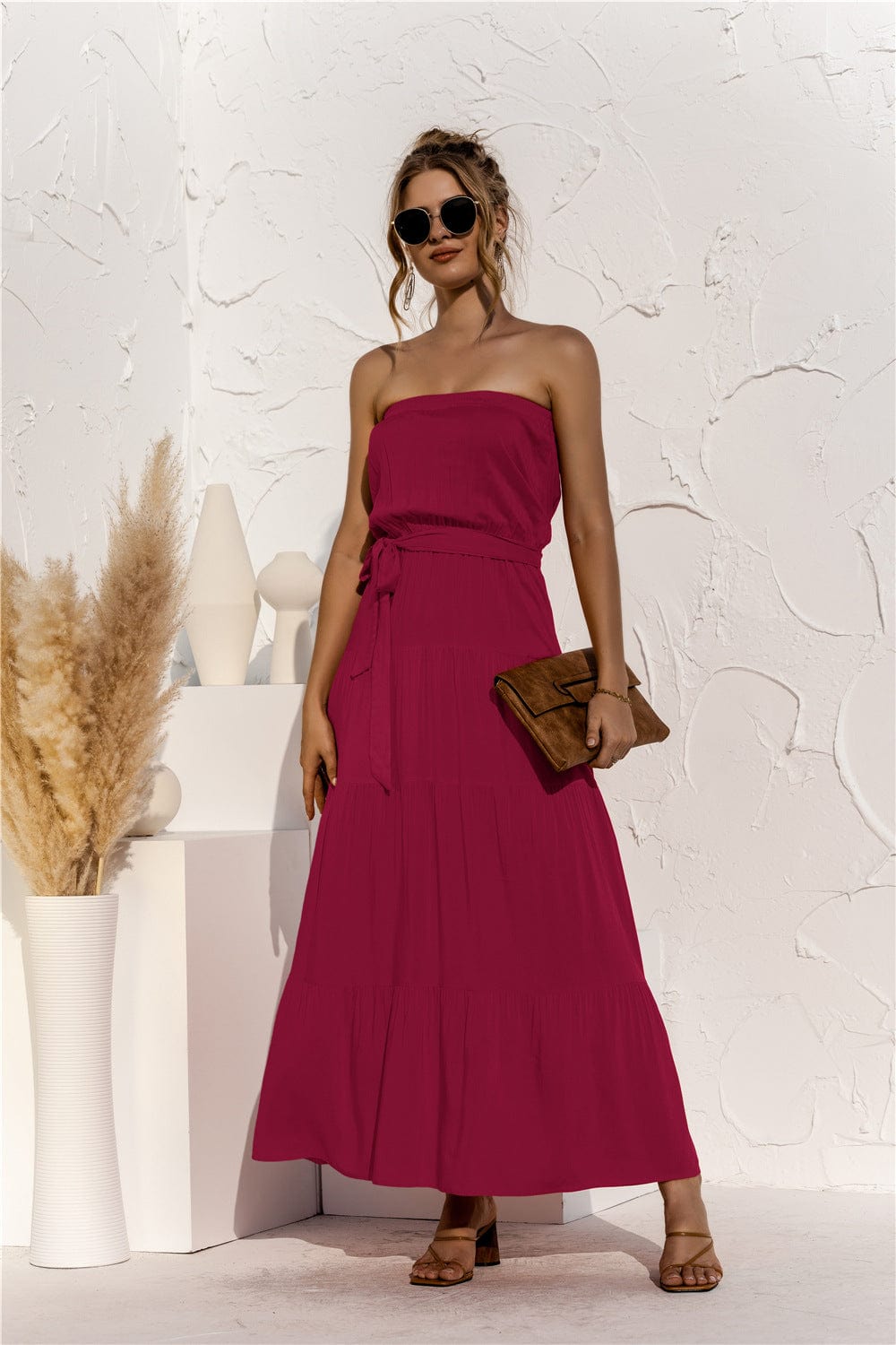 Strapless Tie Waist Tiered Maxi Dress - Runway Frenzy 