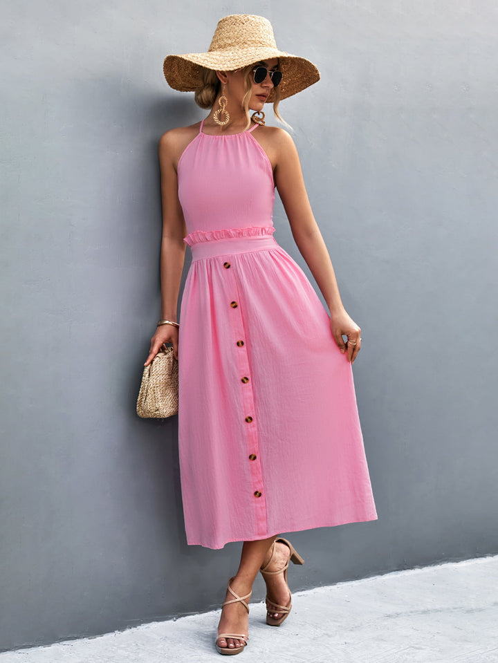 Buttoned Halter Neck Frill Trim Midi Dress - Runway Frenzy