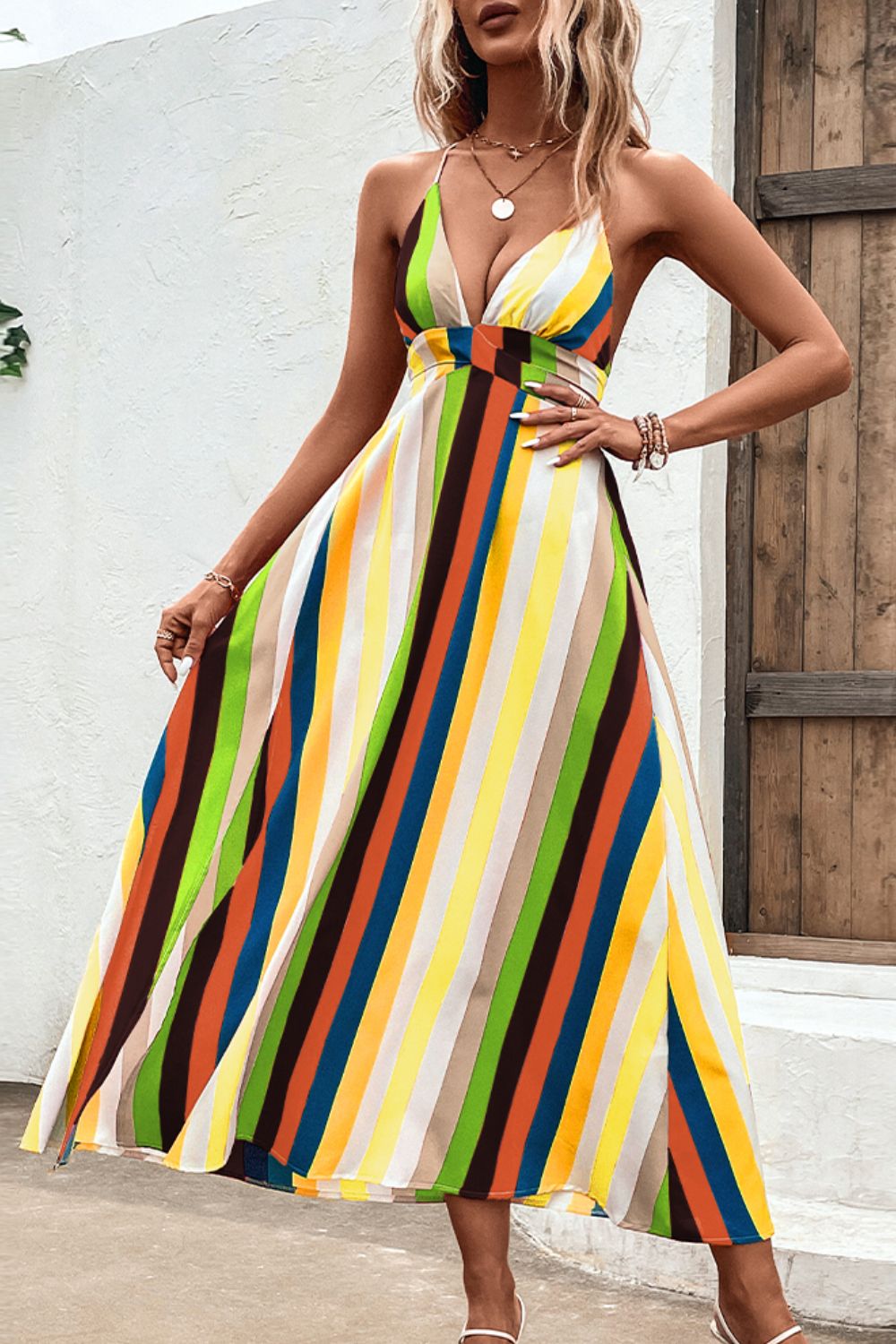 Multicolored Stripe Crisscross Backless Dress - Runway Frenzy 