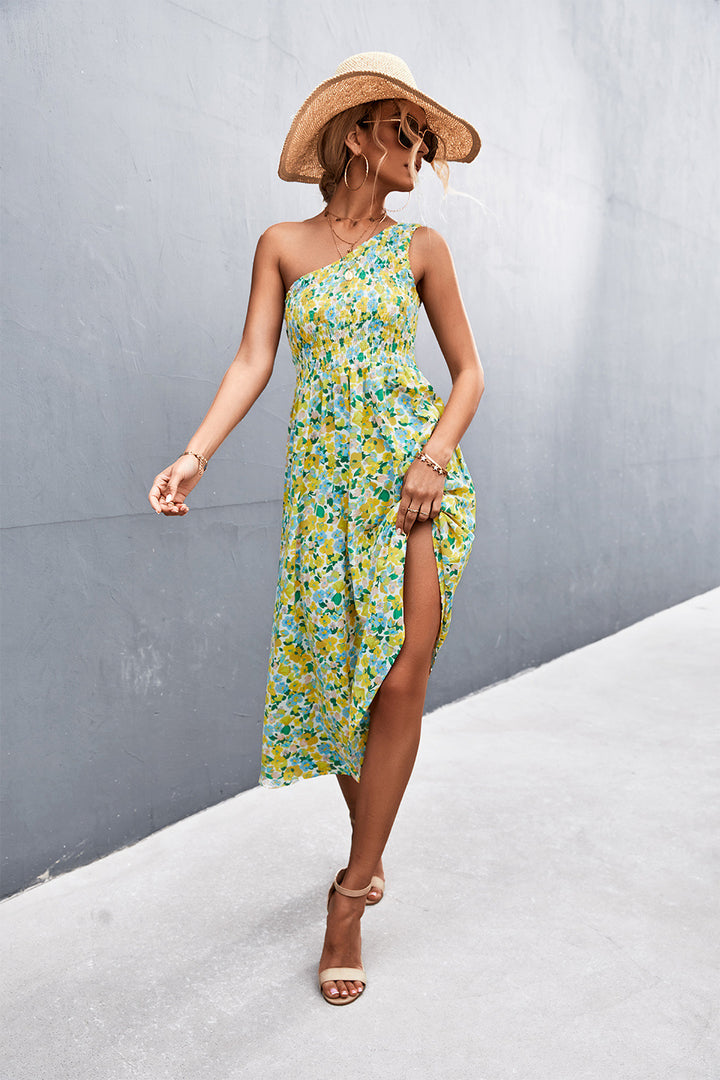 Floral Smocked One-Shoulder Midi Dress - Runway Frenzy