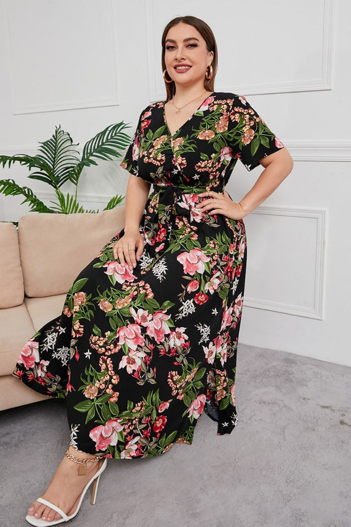 Plus Size Printed Surplice Short Sleeve Maxi Dress - Runway Frenzy 