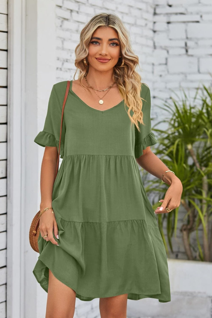 V-Neck Flounce Sleeve Tiered Dress - Runway Frenzy 