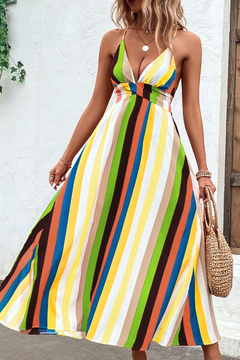 Multicolored Stripe Crisscross Backless Dress - Runway Frenzy 