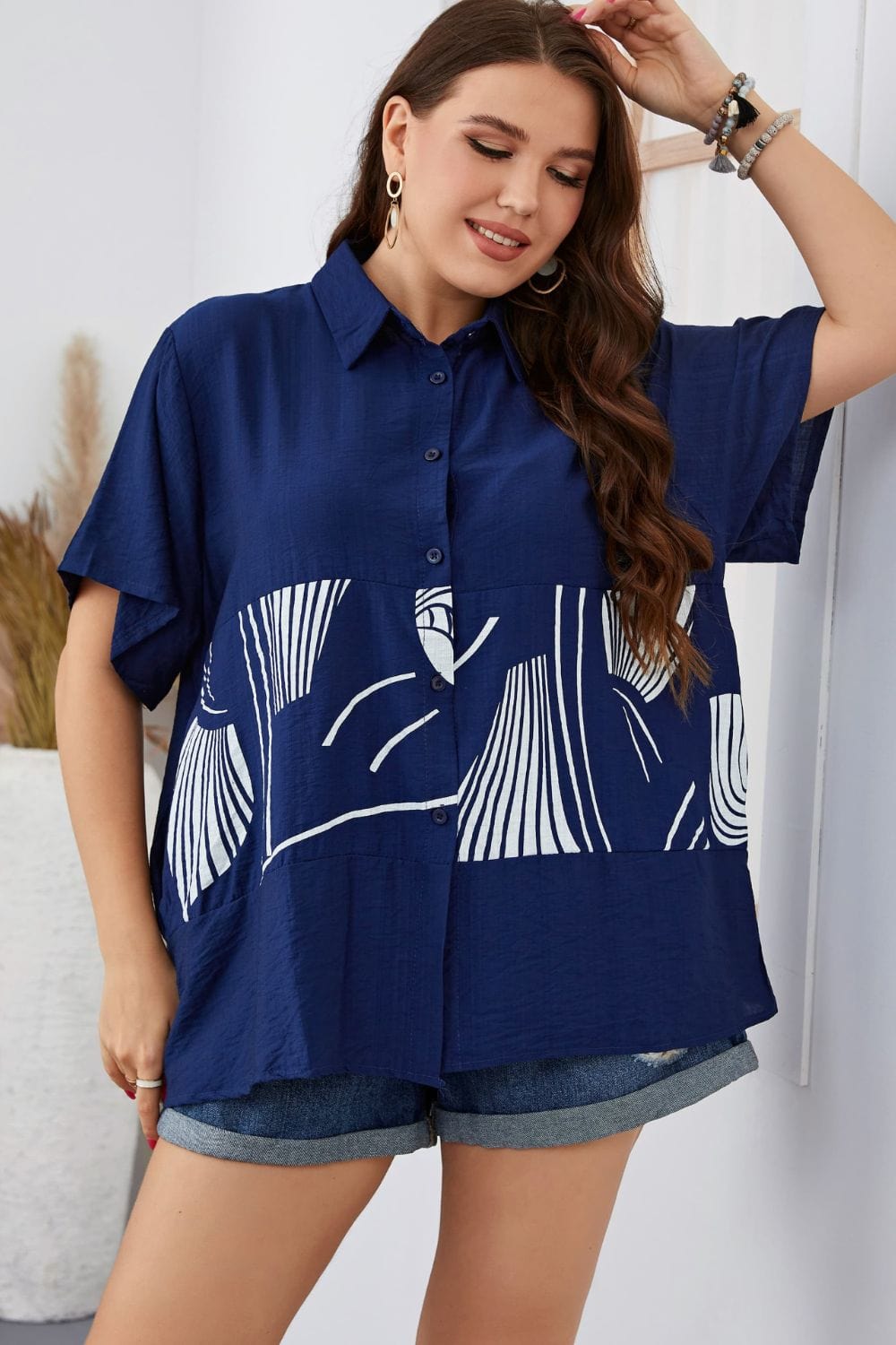 Plus Size Printed Flutter Sleeve Shirt - Runway Frenzy 