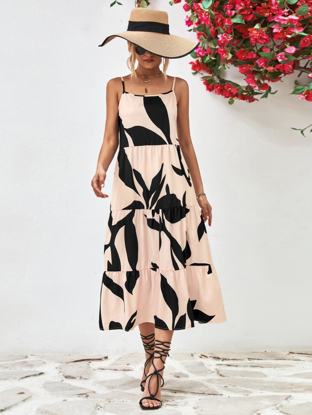 Printed Spaghetti Strap Tiered Midi Dress - Runway Frenzy