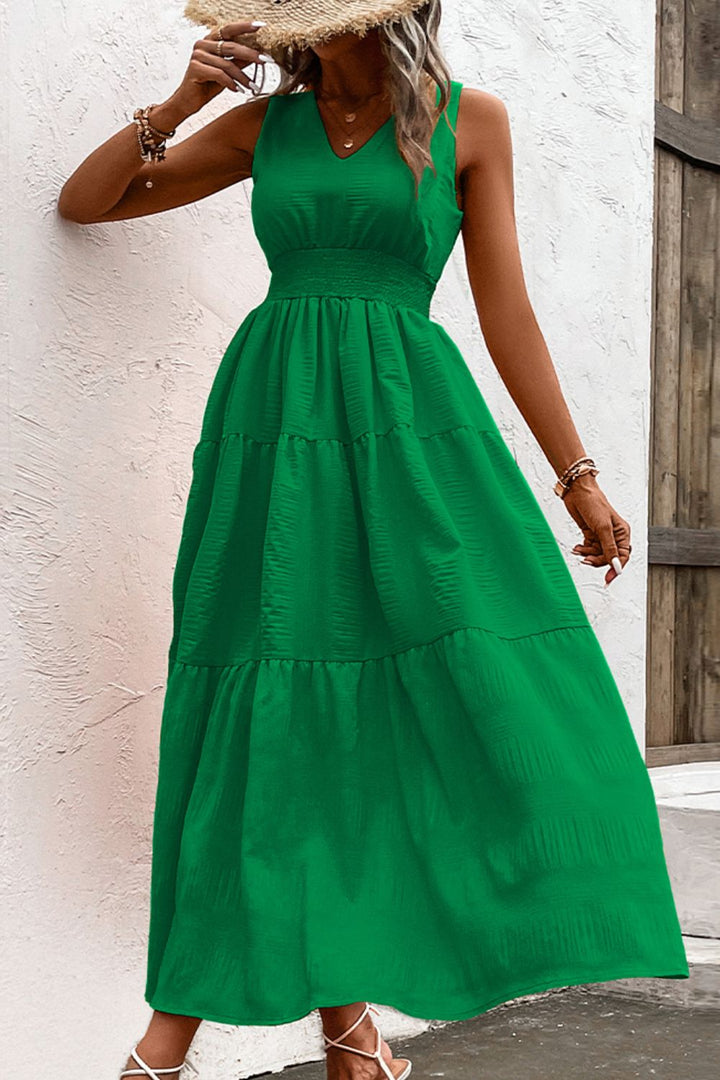 V-Neck Smocked Waist Sleeveless Tiered Dress - Runway Frenzy 