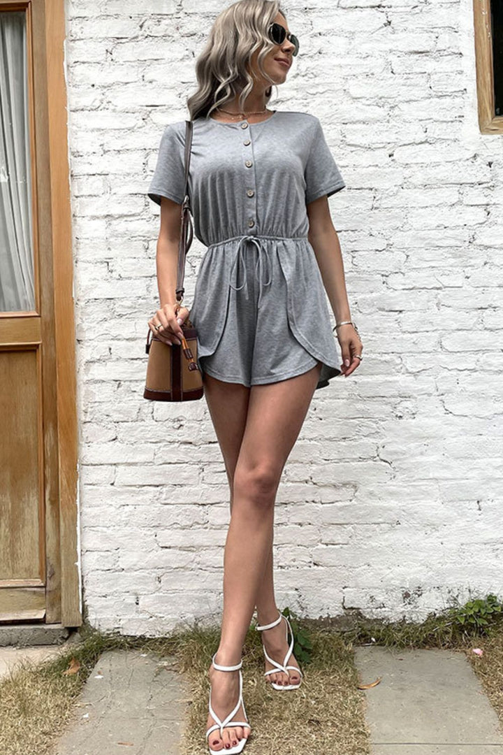 Buttoned Drawstring Round Neck Romper - Runway Frenzy