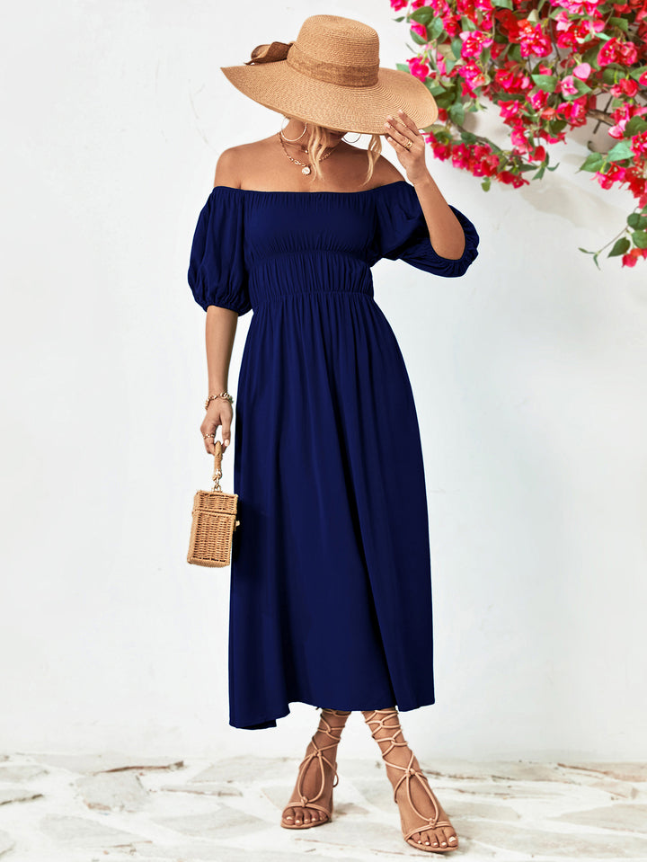 Off-Shoulder Balloon Sleeve Midi Dress - Runway Frenzy 