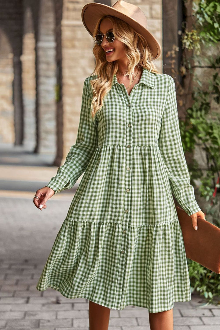 Collared Neck Long Sleeve Midi Dress - Runway Frenzy