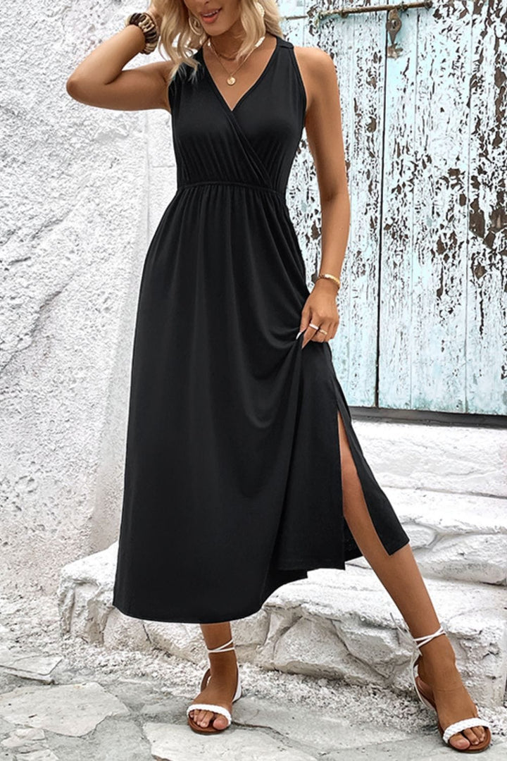 Surplice Neck Slit Sleeveless Dress - Runway Frenzy 