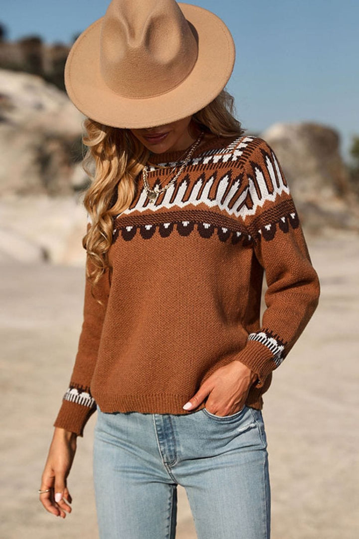 Sweet and Casual Patterned Round Neck Sweater - Runway Frenzy 