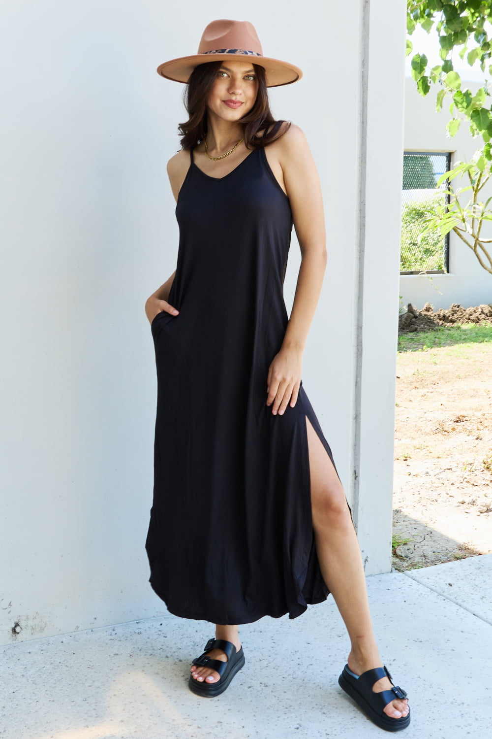 Ninexis Good Energy Full Size Cami Side Slit Maxi Dress in Black - Runway Frenzy 