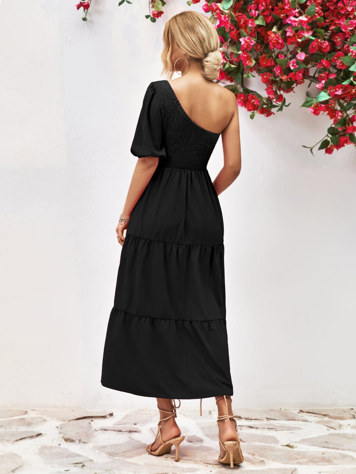 Smocked One-Shoulder Midi Dress - Runway Frenzy 