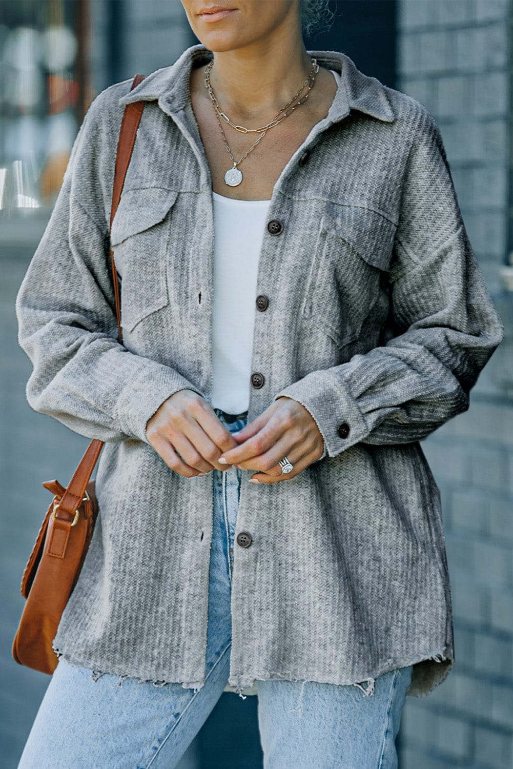 Textured Button Down Shirt Jacket with Pockets - Runway Frenzy