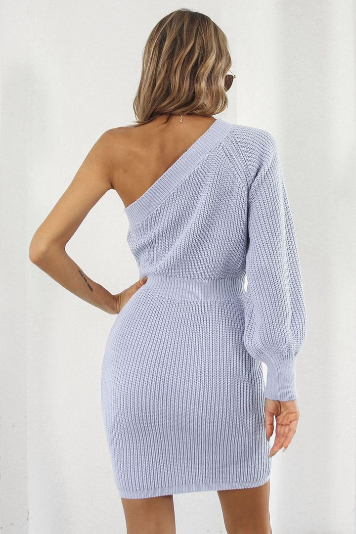 One Shoulder Raglan Sleeve Pencil Sweater Dress - Runway Frenzy 