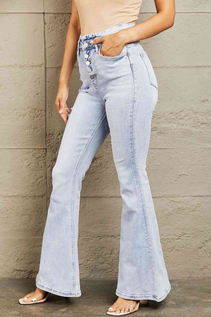 BAYEAS High Waisted Button Fly Flare Jeans Trendsi