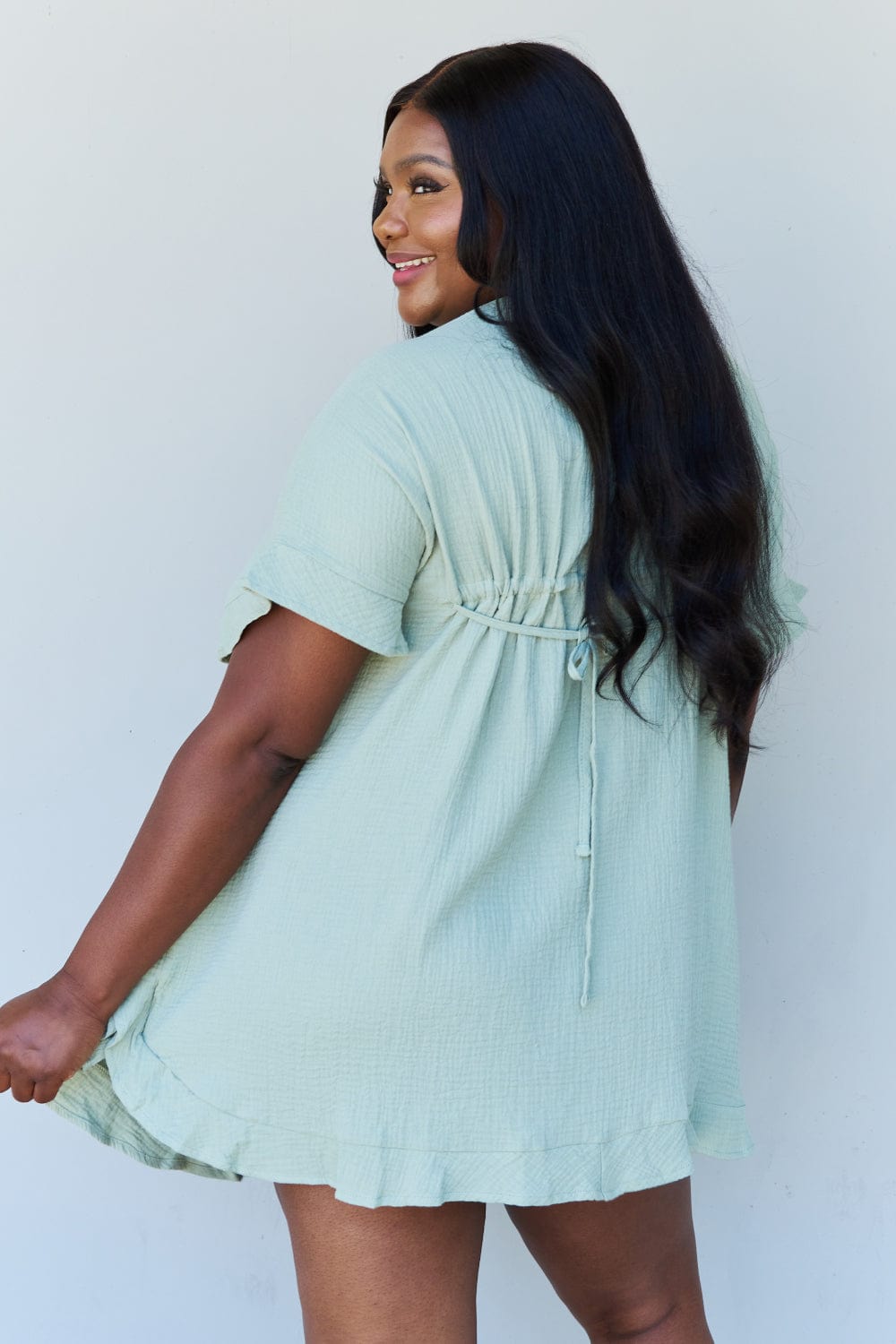 Ninexis Out Of Time Full Size Ruffle Hem Dress with Drawstring Waistband in Light Sage - Runway Frenzy 