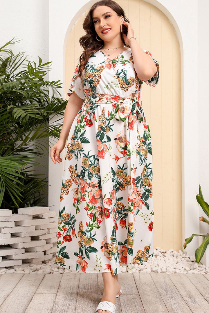 Plus Size Printed Surplice Short Sleeve Maxi Dress - Runway Frenzy 