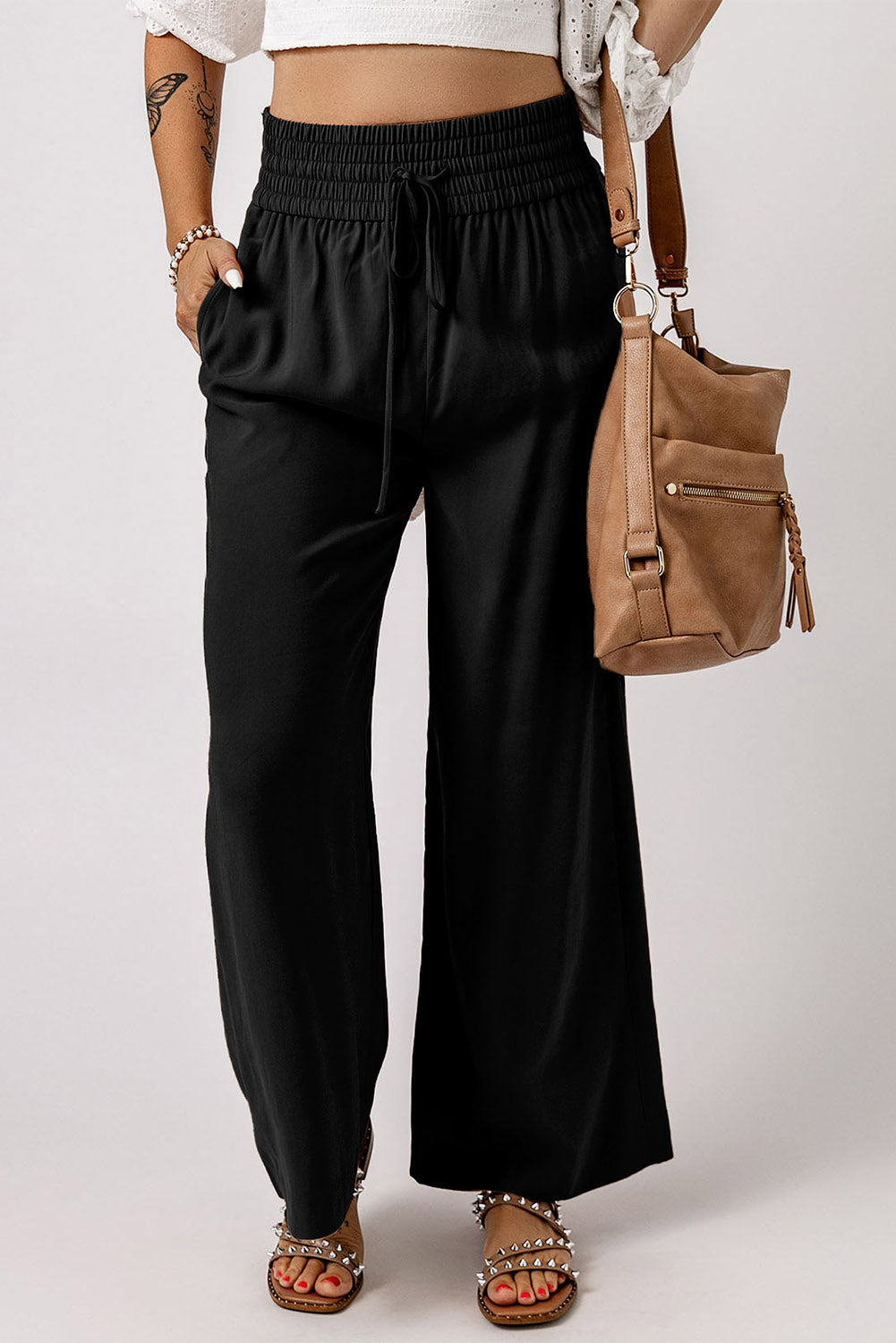 Drawstring Smocked Waist Wide Leg Pants - Runway Frenzy