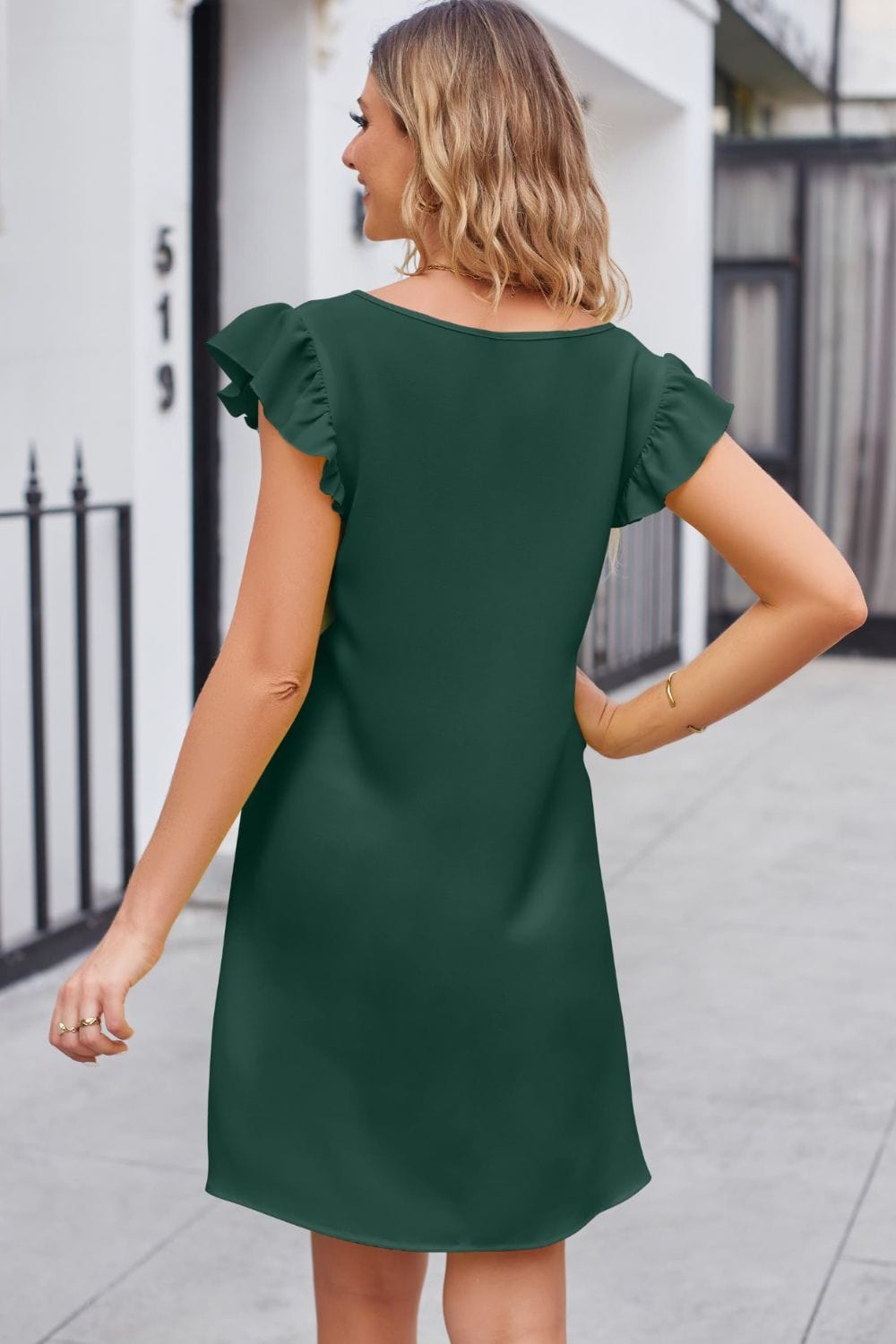 Ruffled V-Neck Flutter Sleeve Dress - Runway Frenzy 