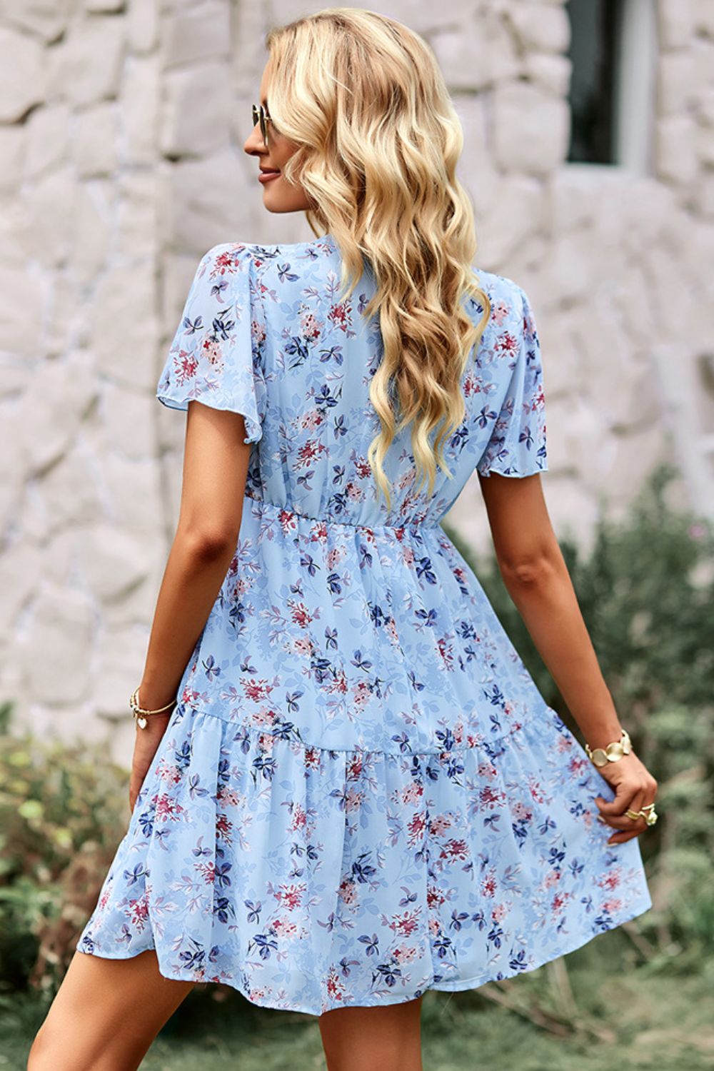 Floral Notched Flutter Sleeve Mini Dress - Runway Frenzy