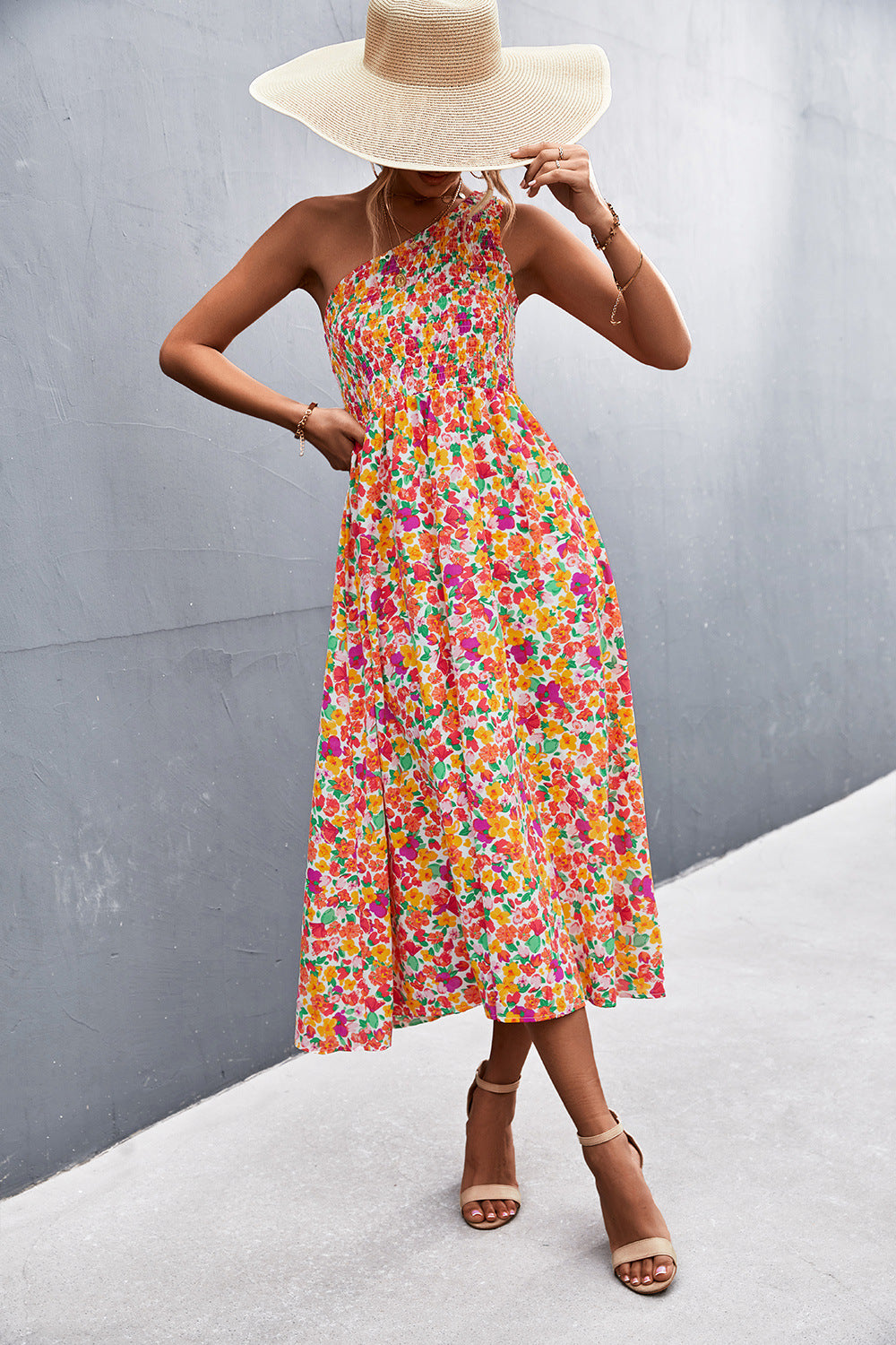 Floral Smocked One-Shoulder Midi Dress - Runway Frenzy