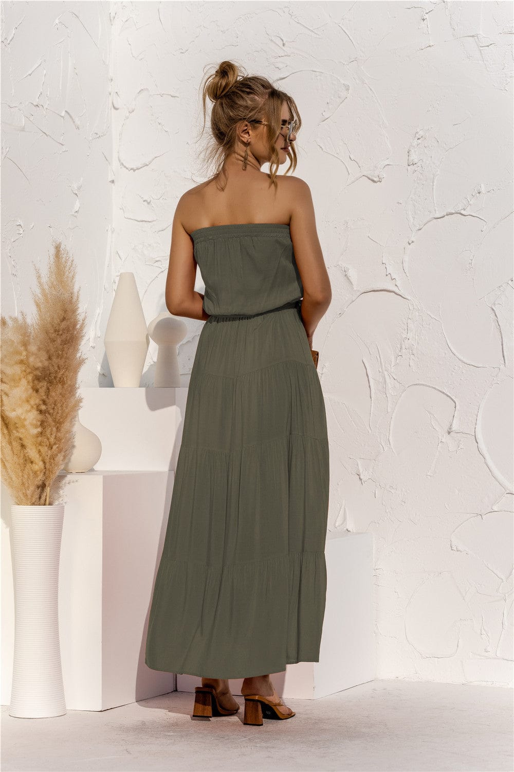 Strapless Tie Waist Tiered Maxi Dress - Runway Frenzy 