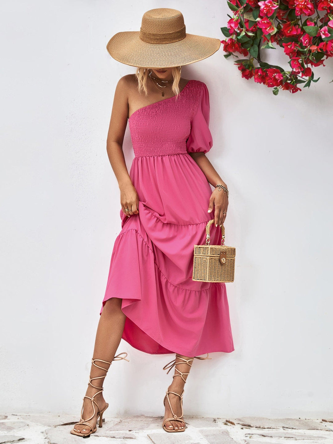 Smocked One-Shoulder Midi Dress - Runway Frenzy 