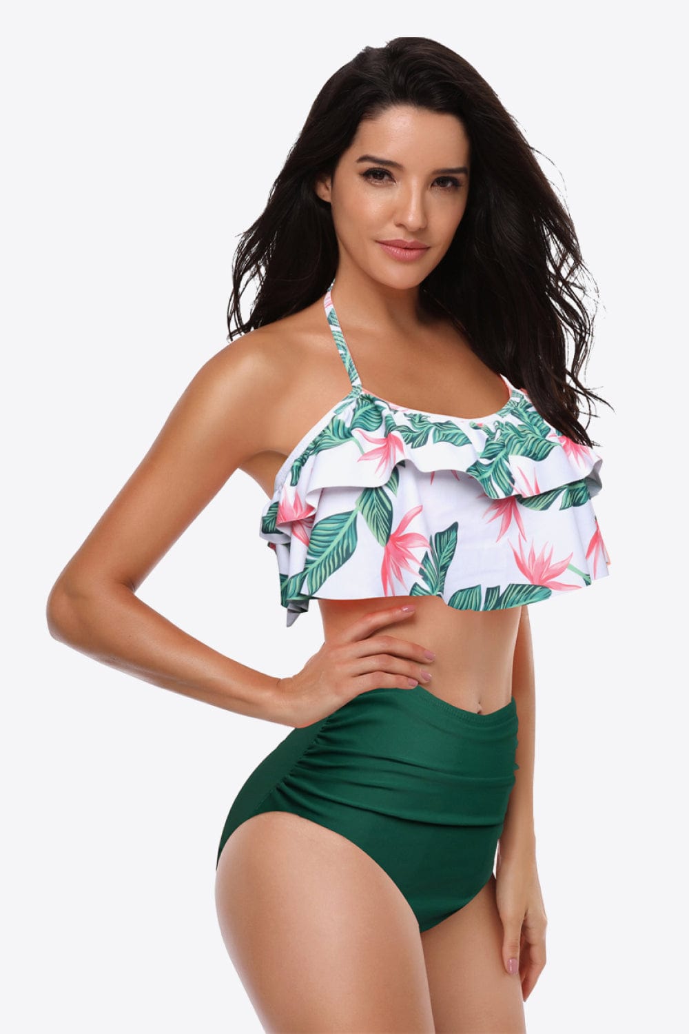 Two-Tone Ruffled Halter Neck Two-Piece Swimsuit - Runway Frenzy 