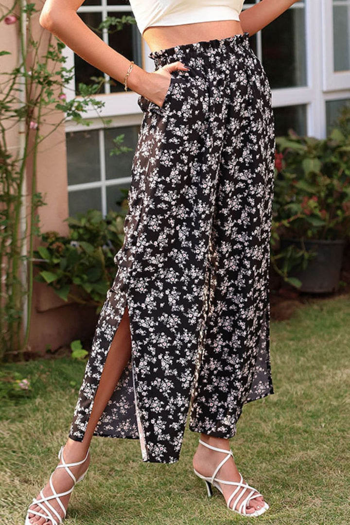 Floral Paperbag Waist Slit Ankle Wide Leg Pants - Runway Frenzy