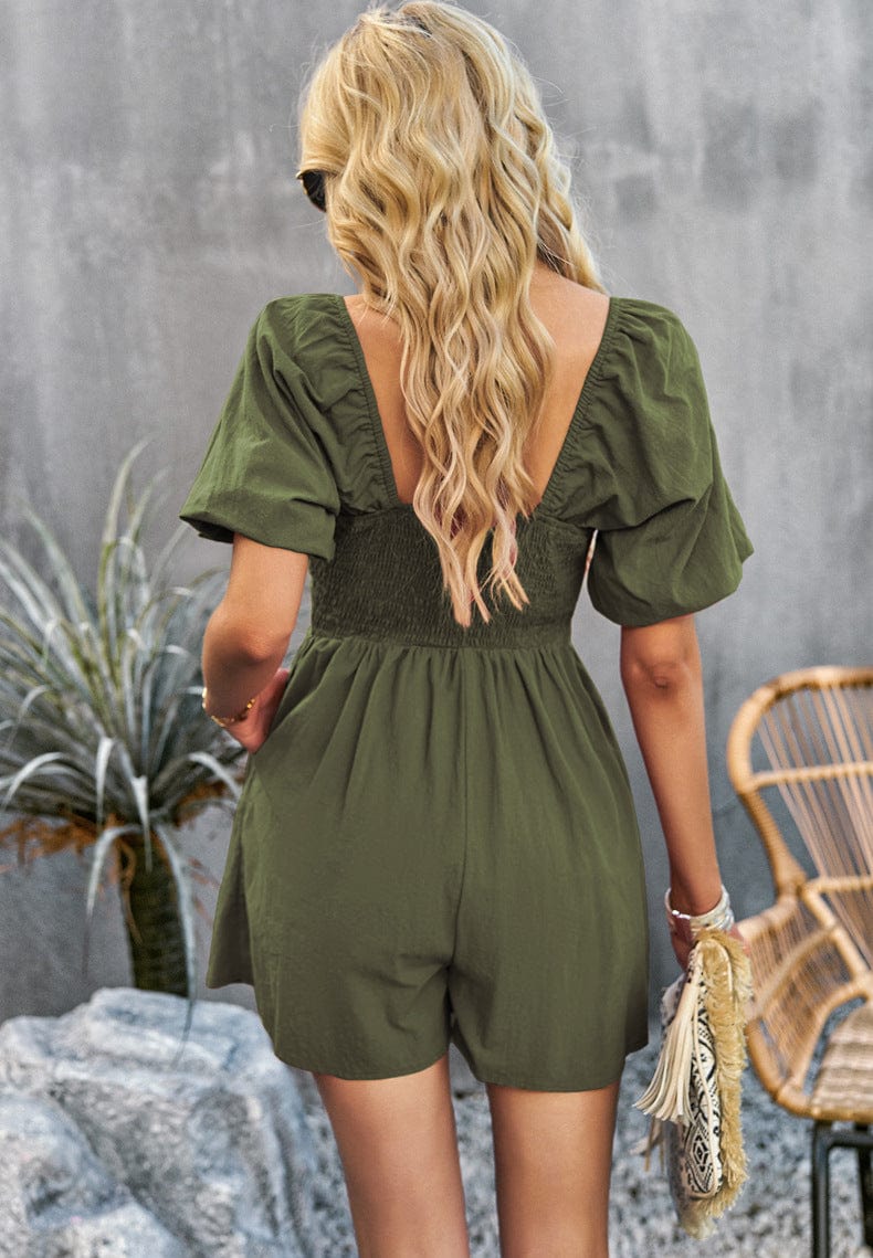 Square Neck Short Sleeve Smocked Romper - Runway Frenzy 