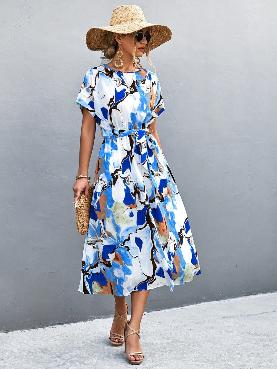 Round Neck Short Sleeve Tie Waist Midi Dress - Runway Frenzy 