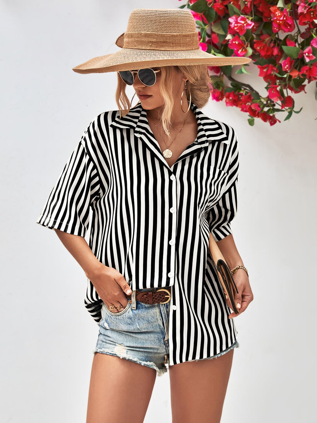 Striped Dropped Shoulder Half Sleeve Shirt - Runway Frenzy 