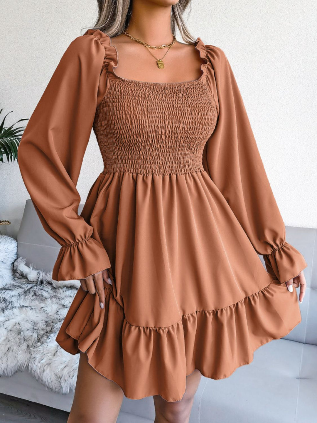 Smocked Flounce Sleeve Square Neck Dress - Runway Frenzy 