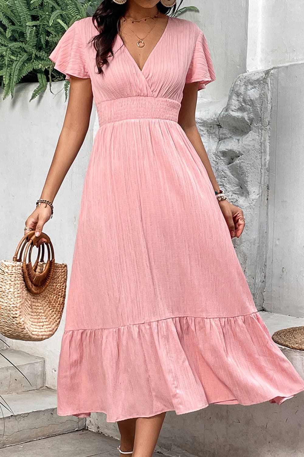 Surplice Neck Smocked Waist Flutter Sleeve Dress - Runway Frenzy 