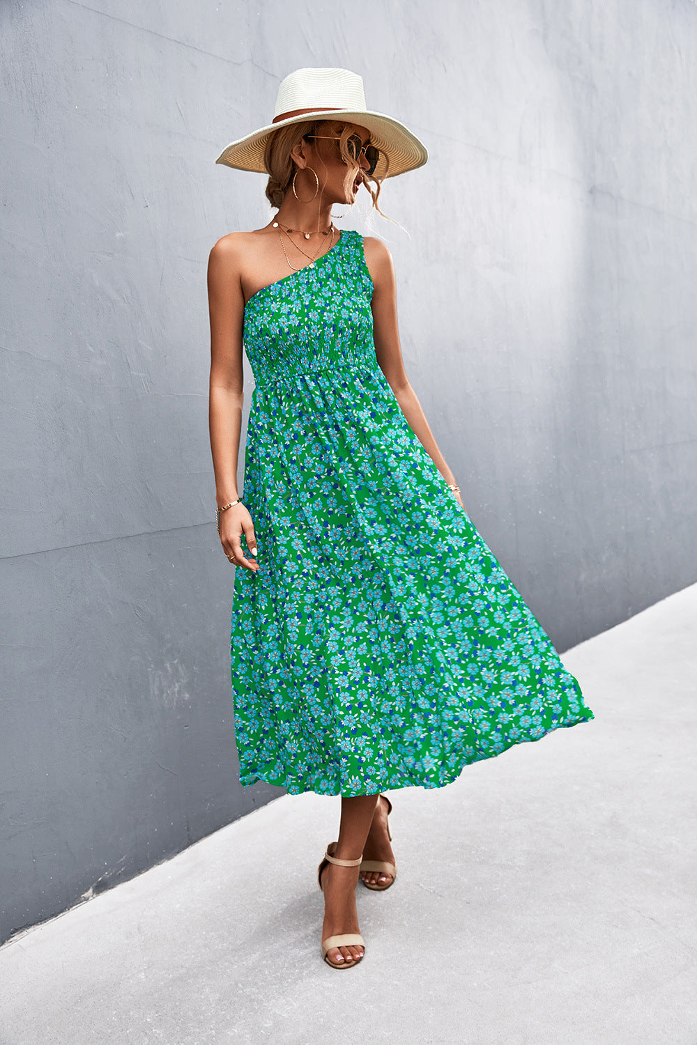 Floral Smocked One-Shoulder Midi Dress - Runway Frenzy