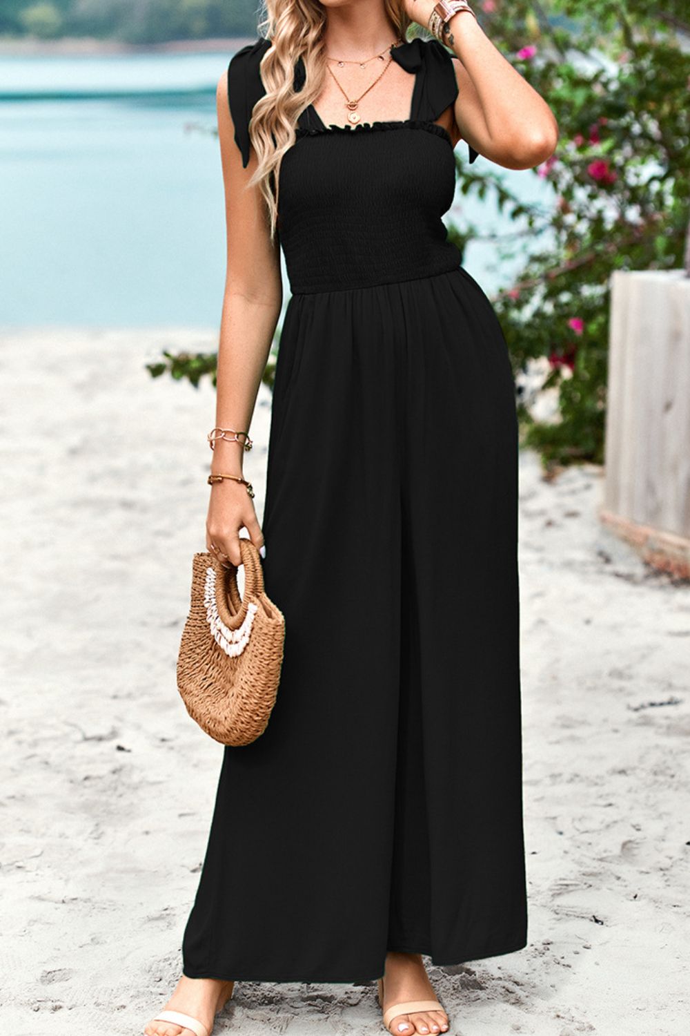 Frill Trim Tie Shoulder Wide Leg Jumpsuit with Pockets - Runway Frenzy