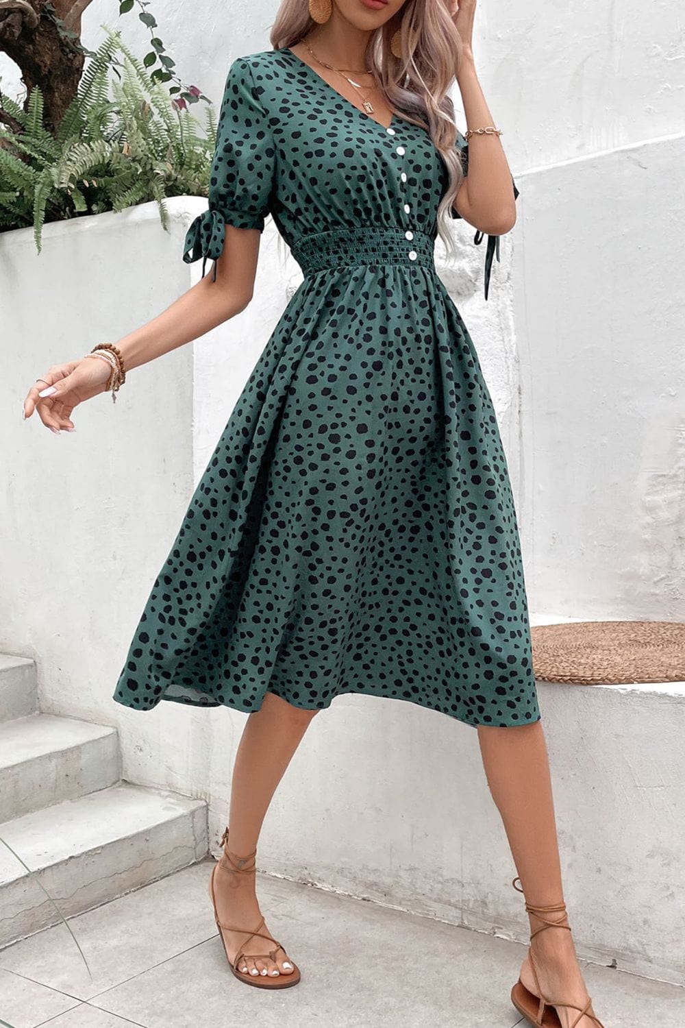 Printed Tie Cuff Smocked Waist Dress - Runway Frenzy