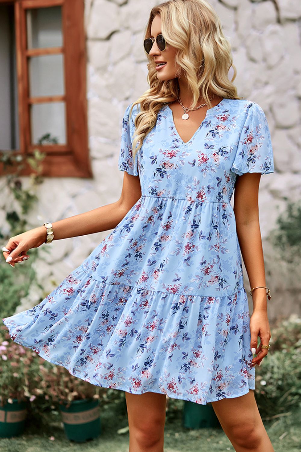 Floral Notched Flutter Sleeve Mini Dress - Runway Frenzy