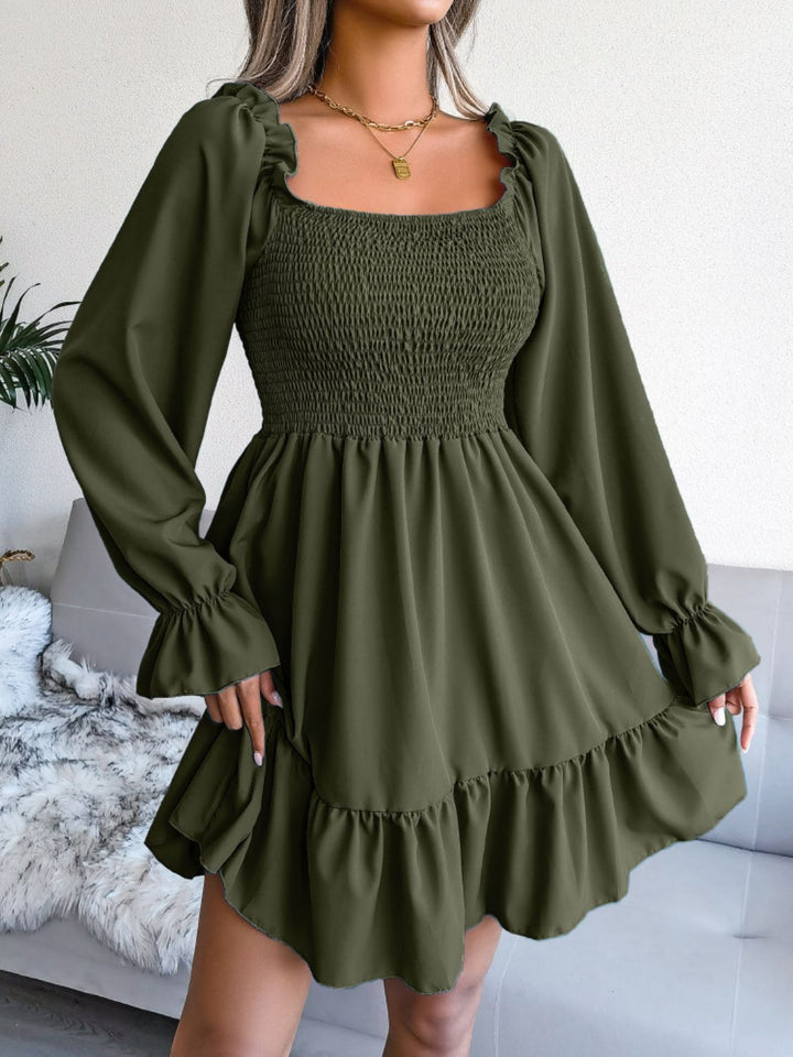 Smocked Flounce Sleeve Square Neck Dress - Runway Frenzy 