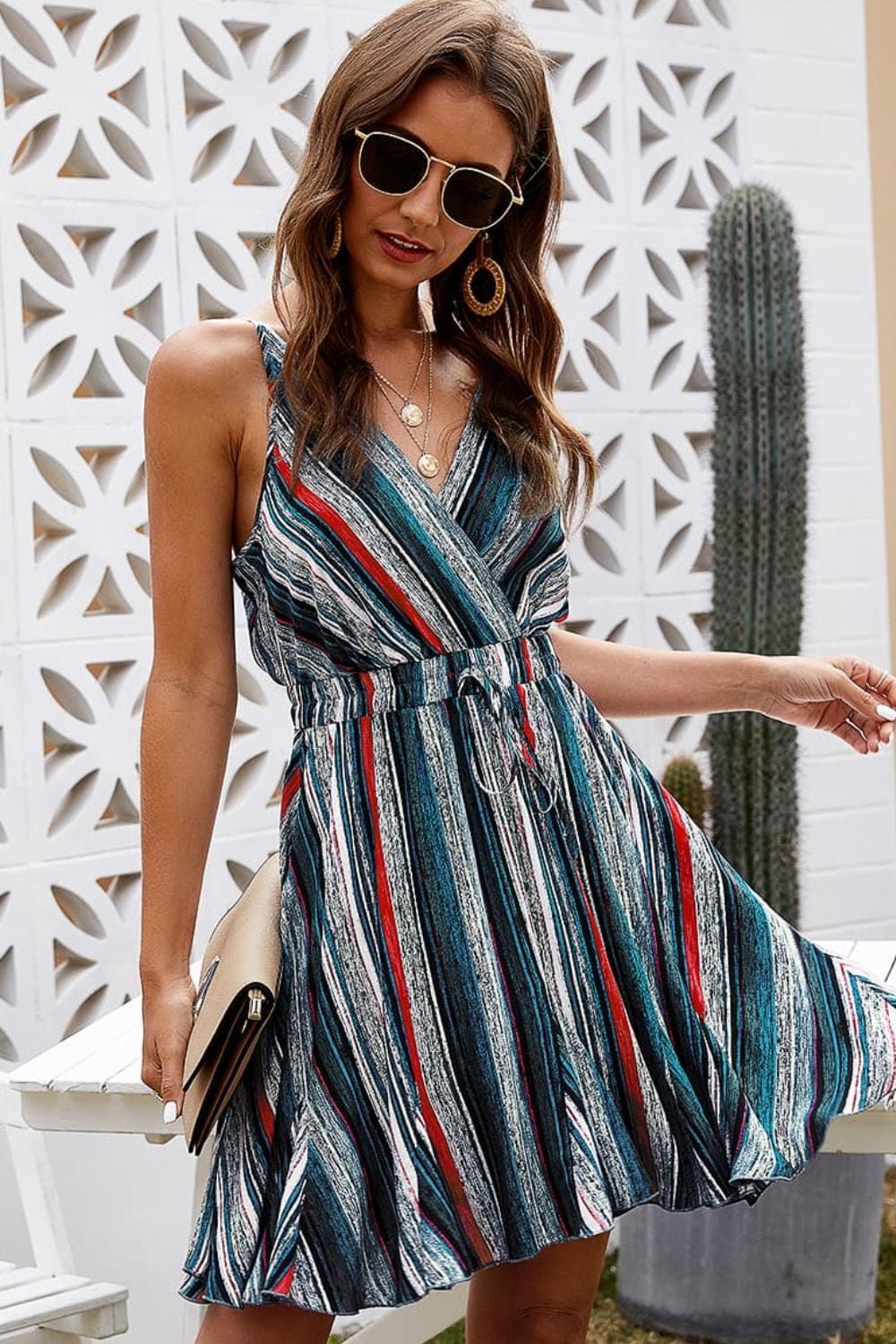 Striped Surplice Neck Spaghetti Strap Dress - Runway Frenzy 