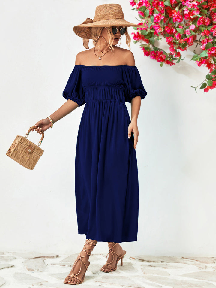 Off-Shoulder Balloon Sleeve Midi Dress - Runway Frenzy 