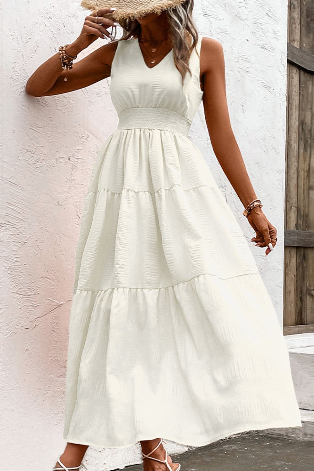 V-Neck Smocked Waist Sleeveless Tiered Dress - Runway Frenzy 