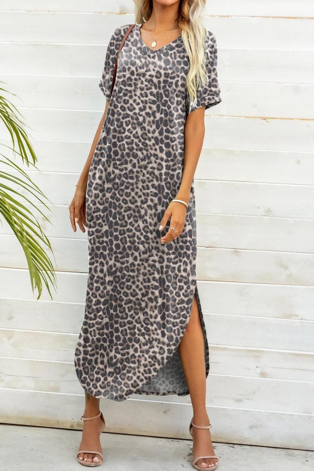 Printed V-Neck Curved Hem Dress - Runway Frenzy