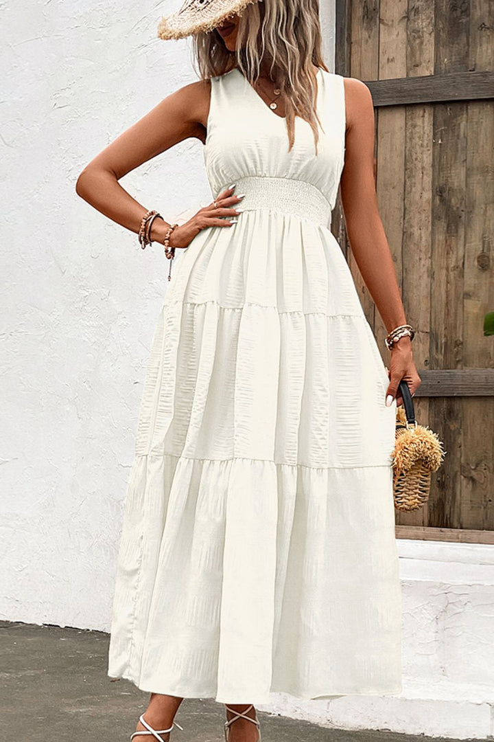 V-Neck Smocked Waist Sleeveless Tiered Dress - Runway Frenzy 