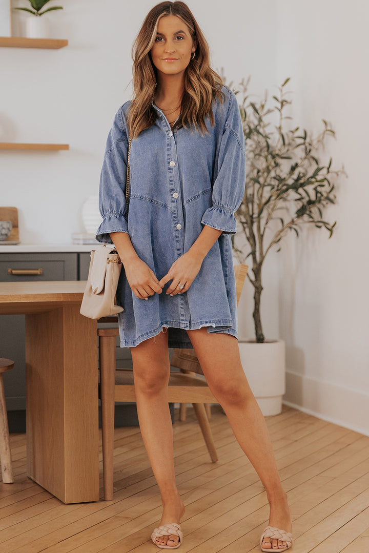 Collared Neck Flounce Sleeve Denim Mini Dress - Runway Frenzy