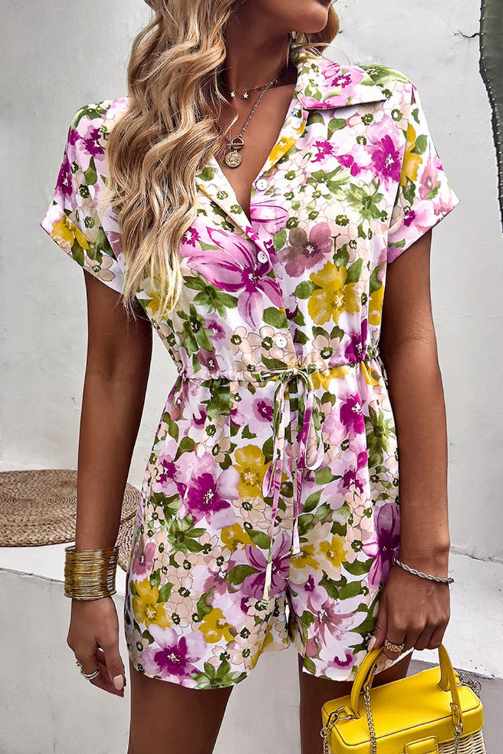 Floral Drawstring Lapel Collar Romper with Pockets - Runway Frenzy