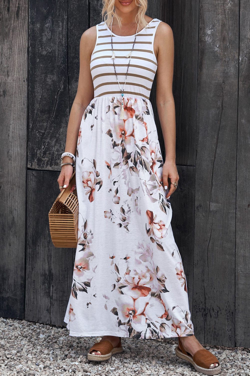 Striped Floral Round Neck Sleeveless Maxi Dress - Runway Frenzy 